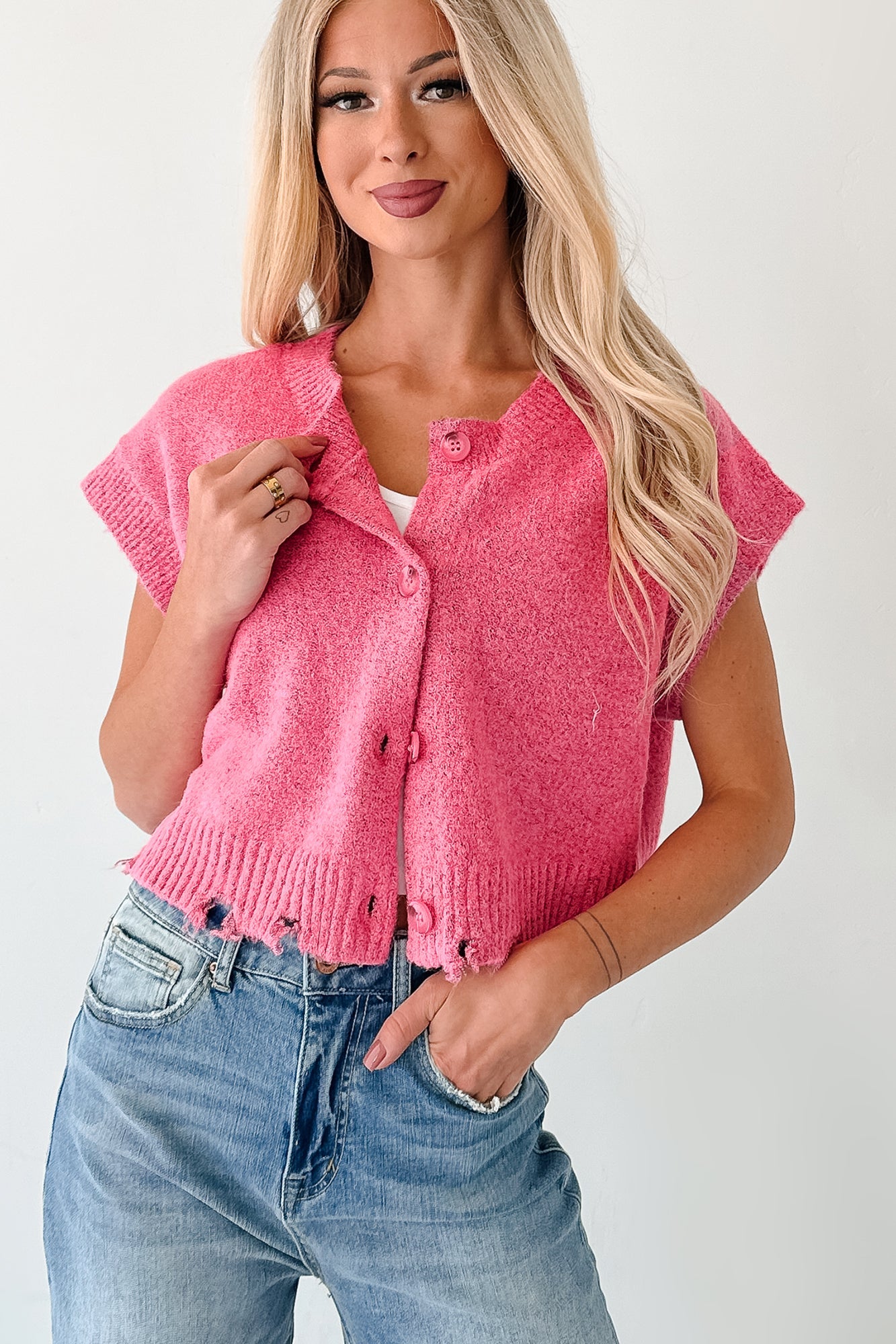 Undemanding Comfort Distressed Button-Up Sweater Vest (Pink)
