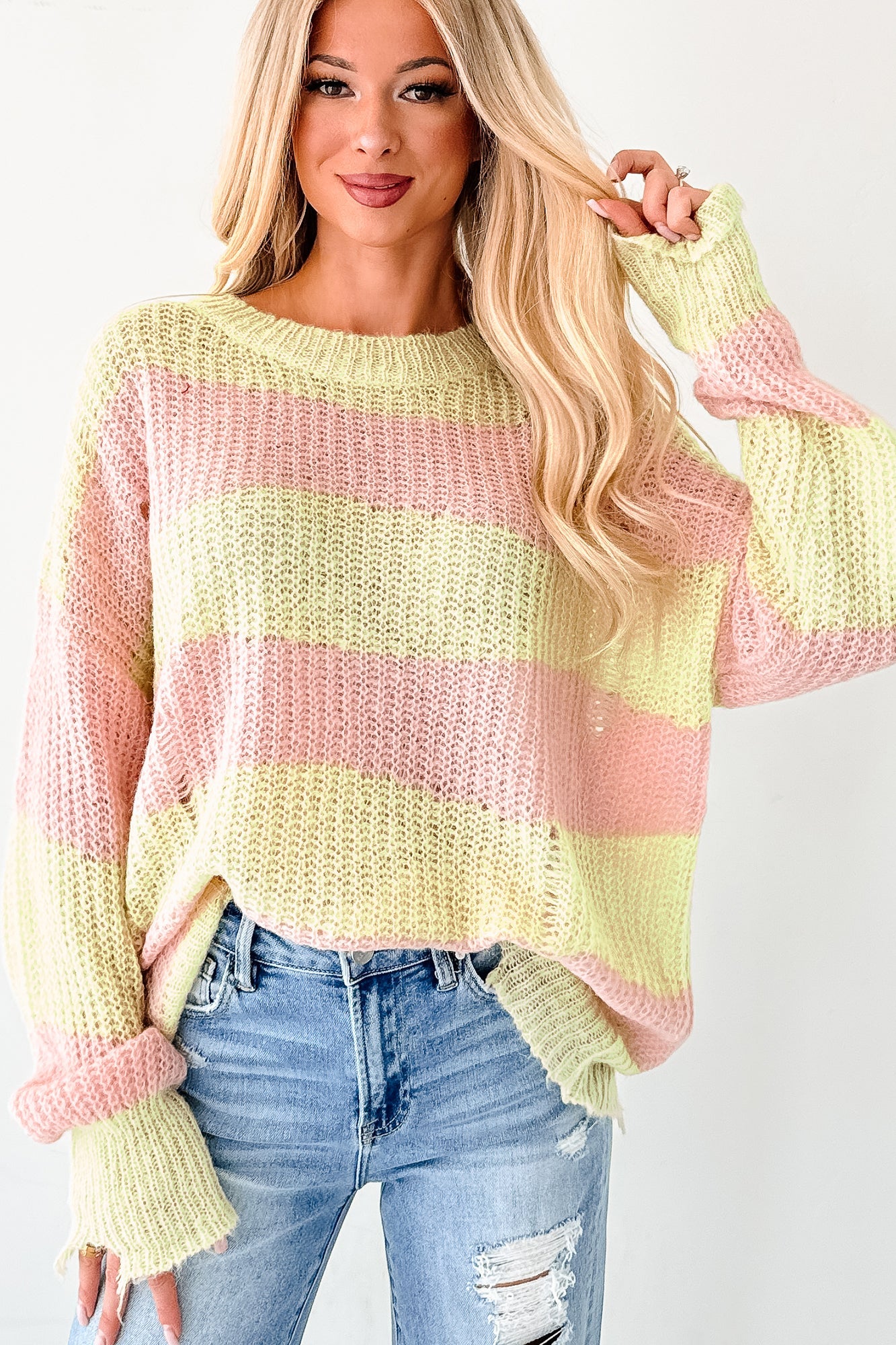 The Soft Life Signature 8 Striped Knit Pullover (Lime/Pink)