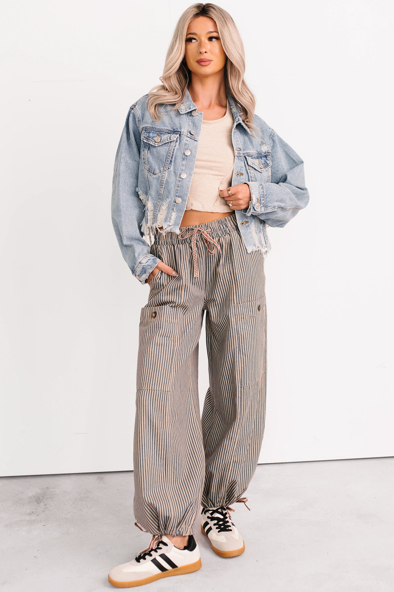 Restless Heart Striped Wide Leg Drawstring Pants (Latte)