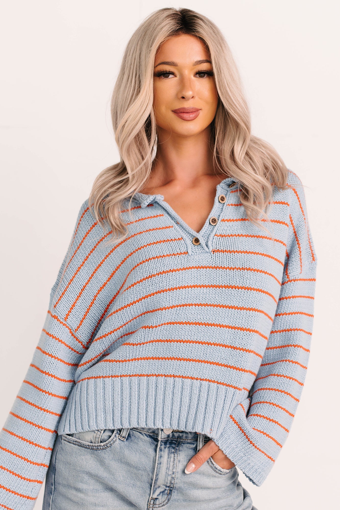 Sunday Comfort Striped Henley Sweater (Blue/Orange)