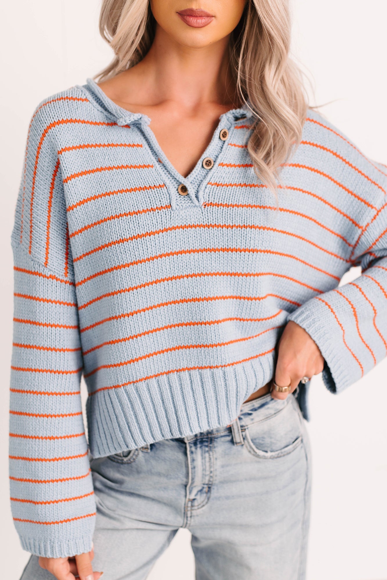 Sunday Comfort Striped Henley Sweater (Blue/Orange)