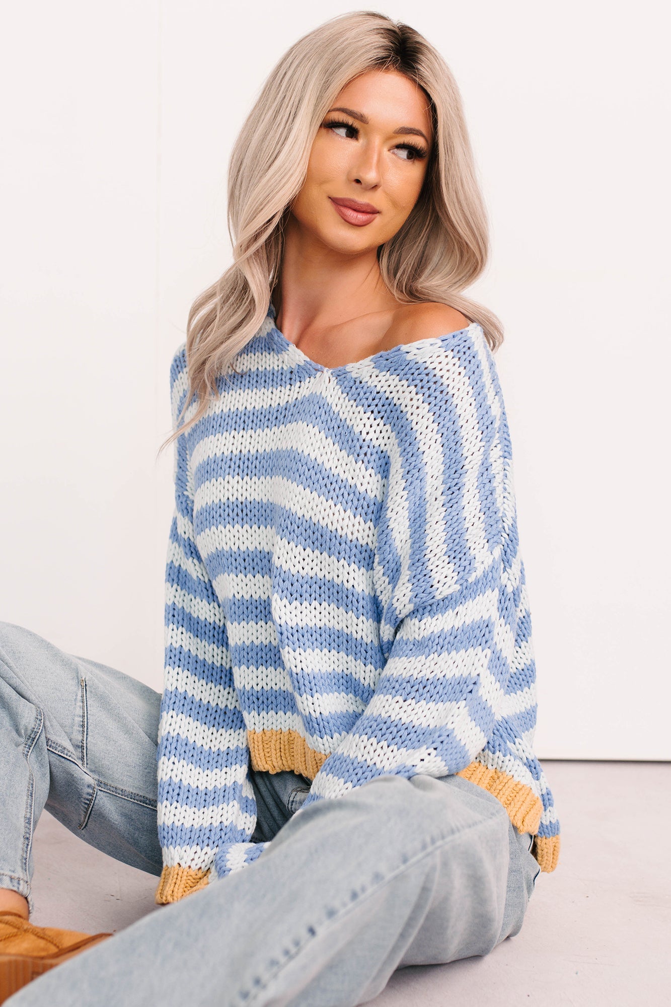 Deep Trance Relaxed Stripe Sweater (Denim/Mustard)