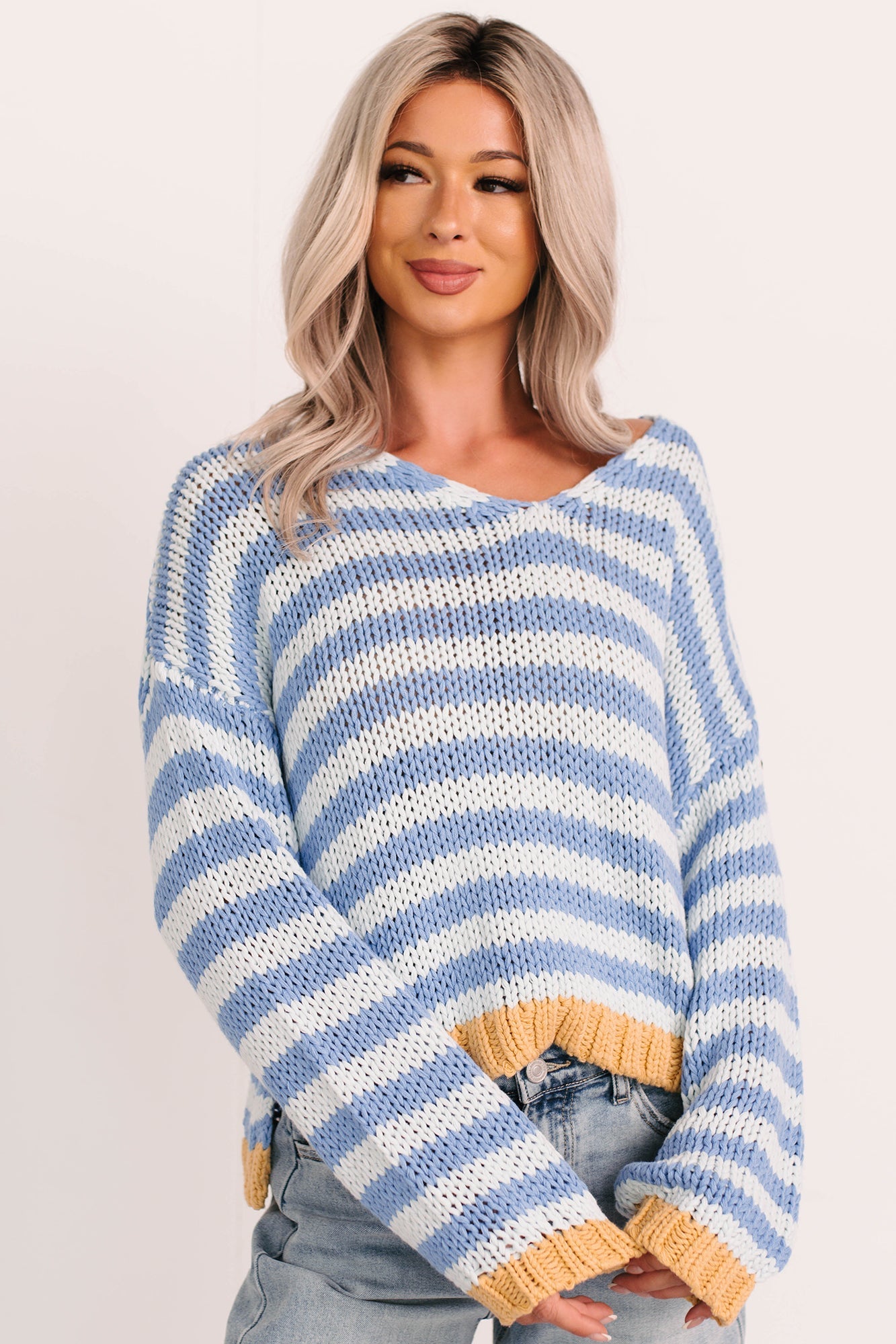Deep Trance Relaxed Stripe Sweater (Denim/Mustard)