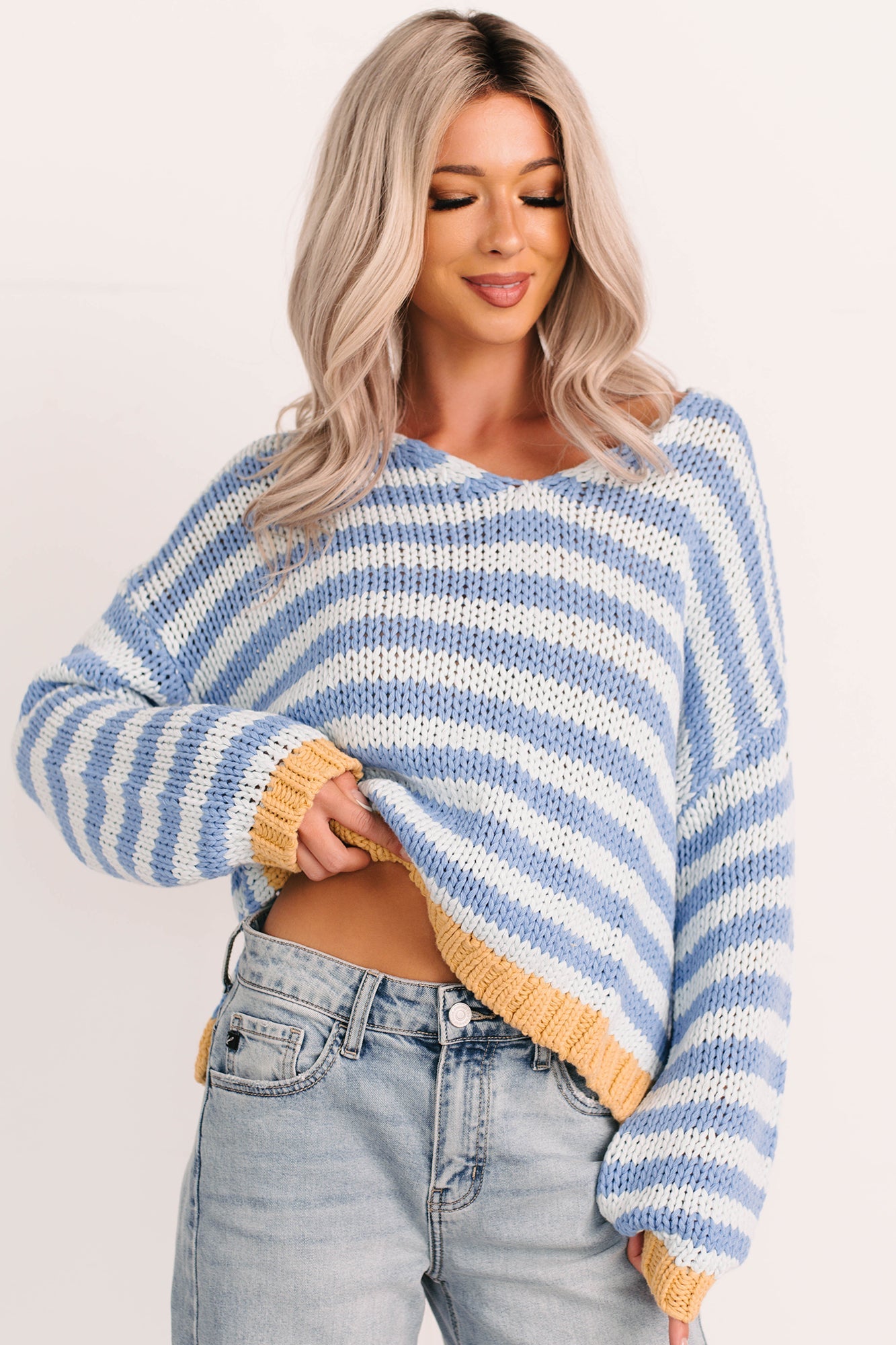 Deep Trance Relaxed Stripe Sweater (Denim/Mustard)