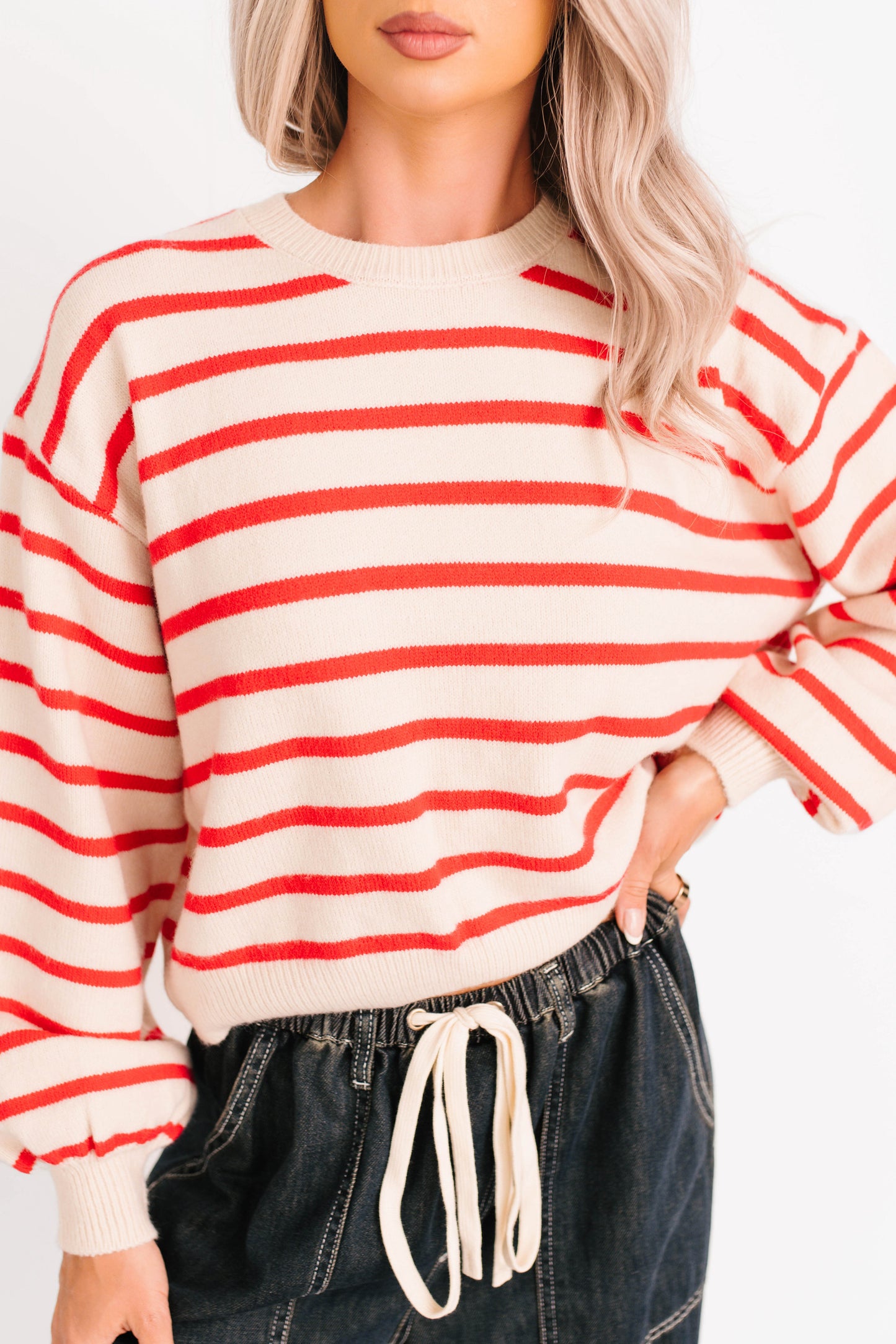 Morning Rituals Striped Button Detail Sweater (Red)