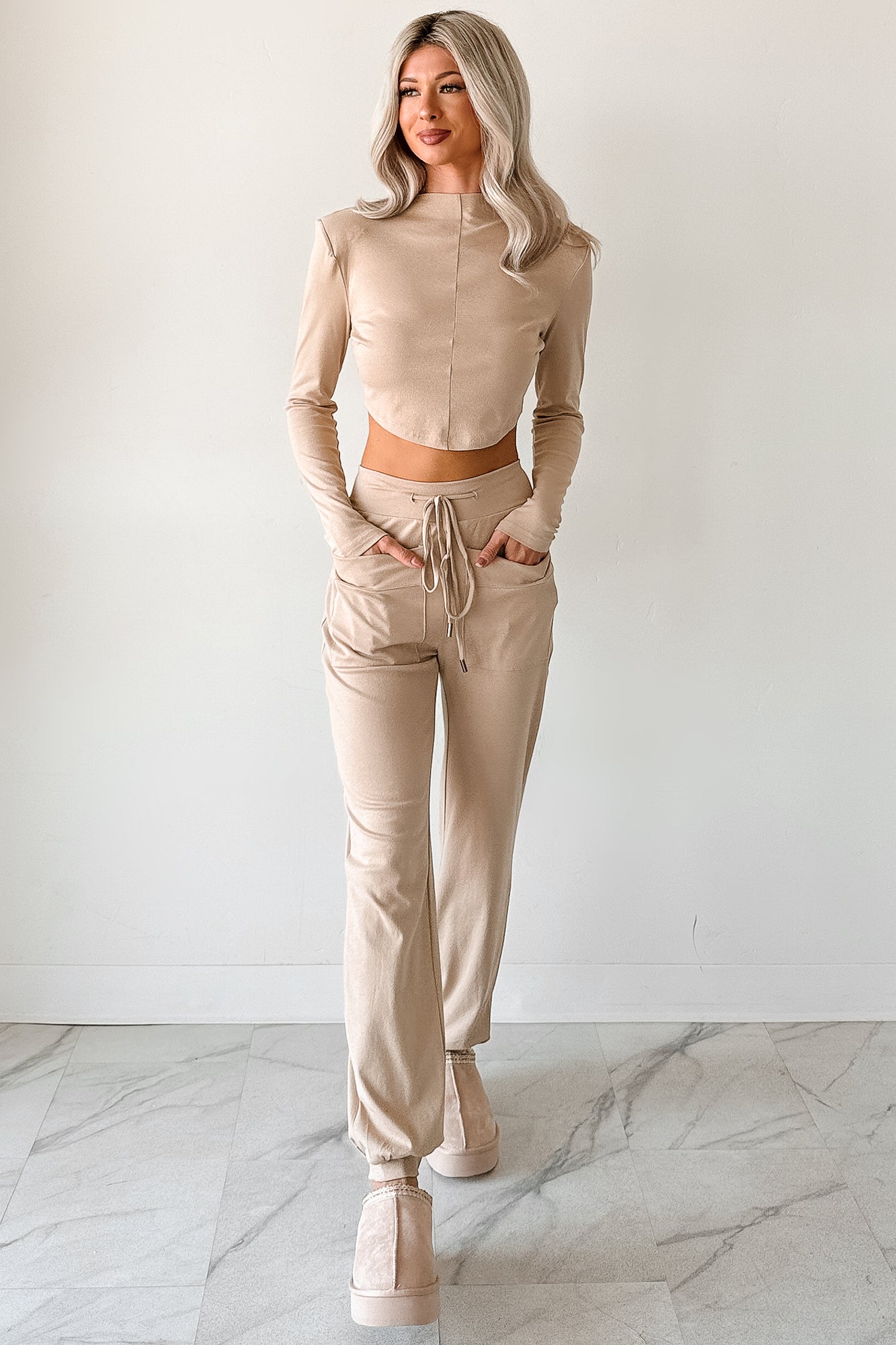 Force For Good Mock Neck Crop Top & Jogger Set (Latte)