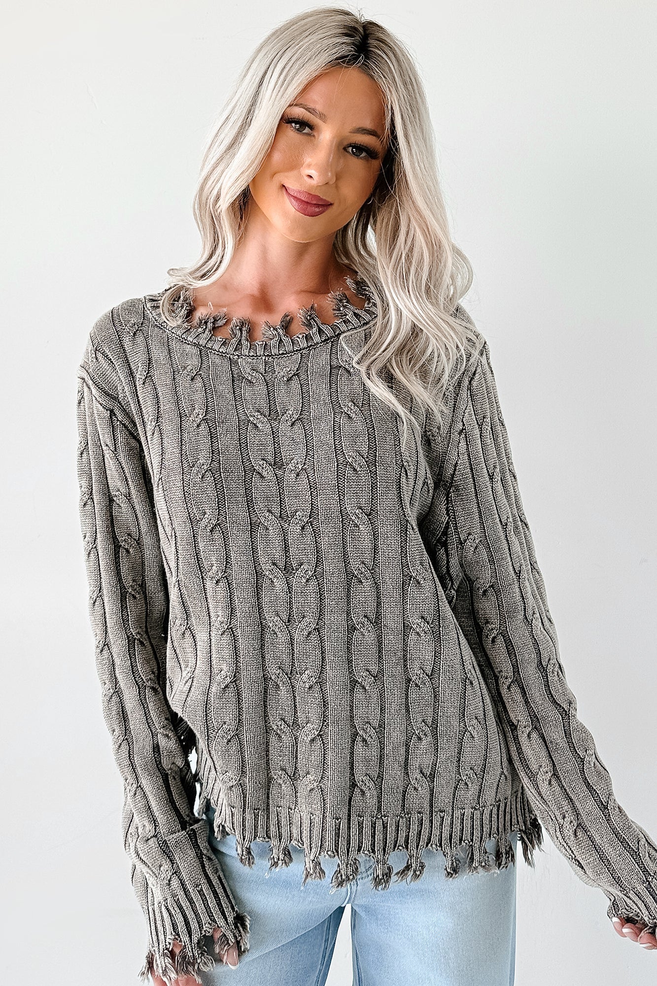 Unwritten Future Cable Knit Fringe Zenana Sweater (Brown)