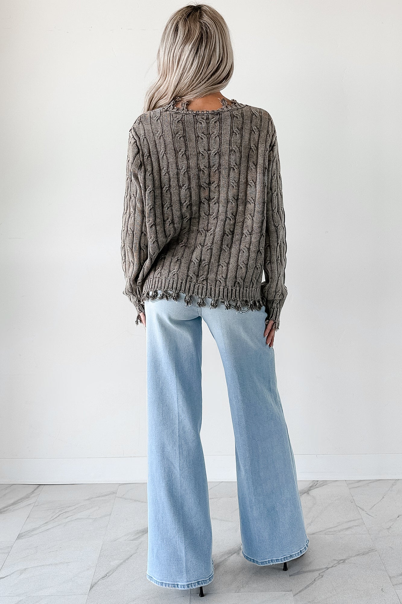Unwritten Future Cable Knit Fringe Zenana Sweater (Brown)