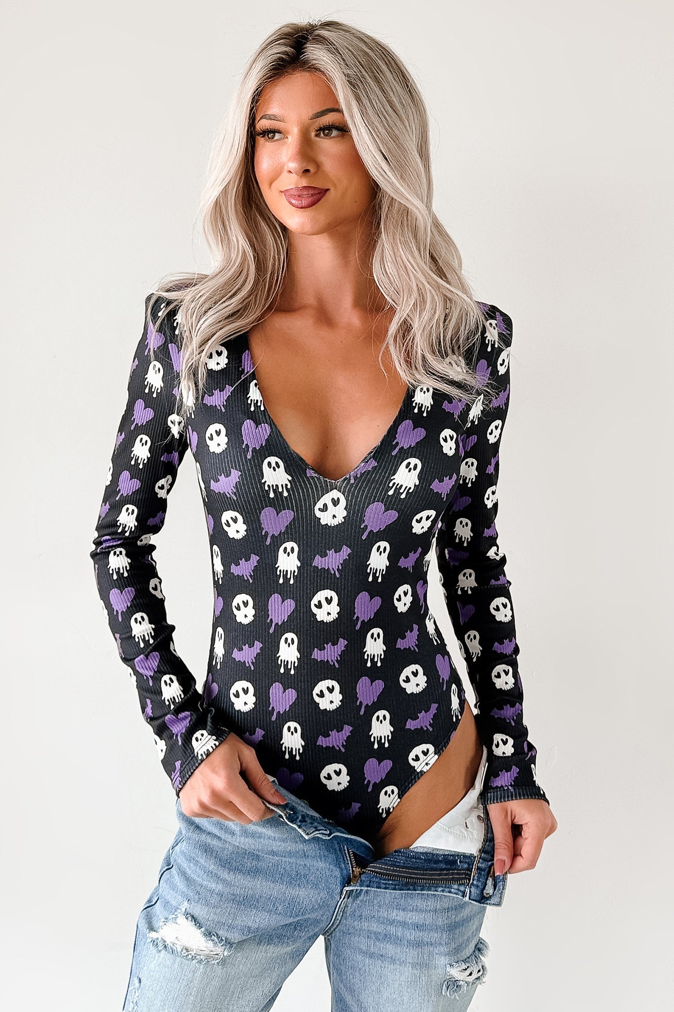 Ghoul's Night Out NM Original Padded V-Neck Bodysuit (Purple Ghouls)