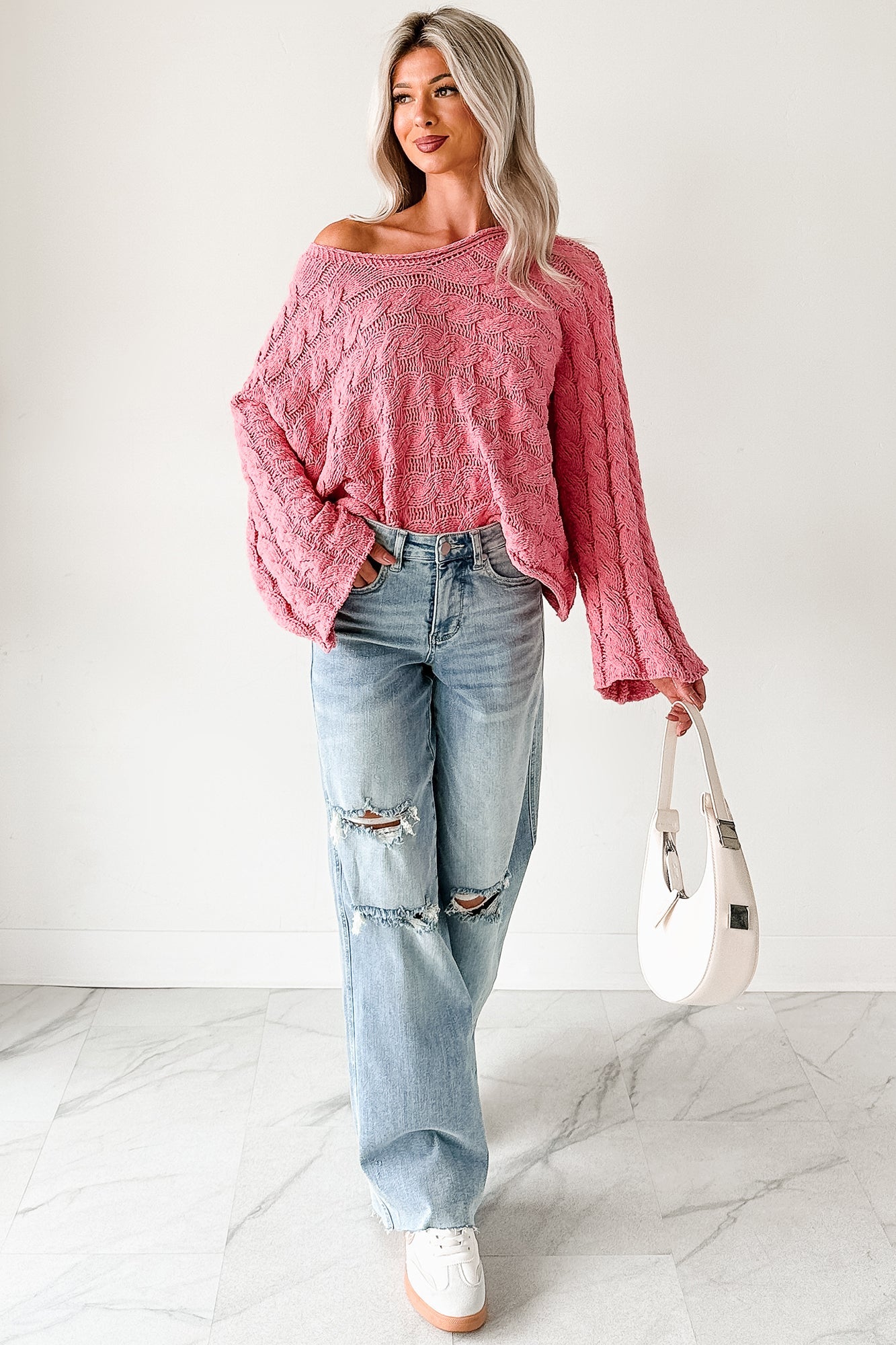 Making My Way Cable Knit POL Sweater (Pink)