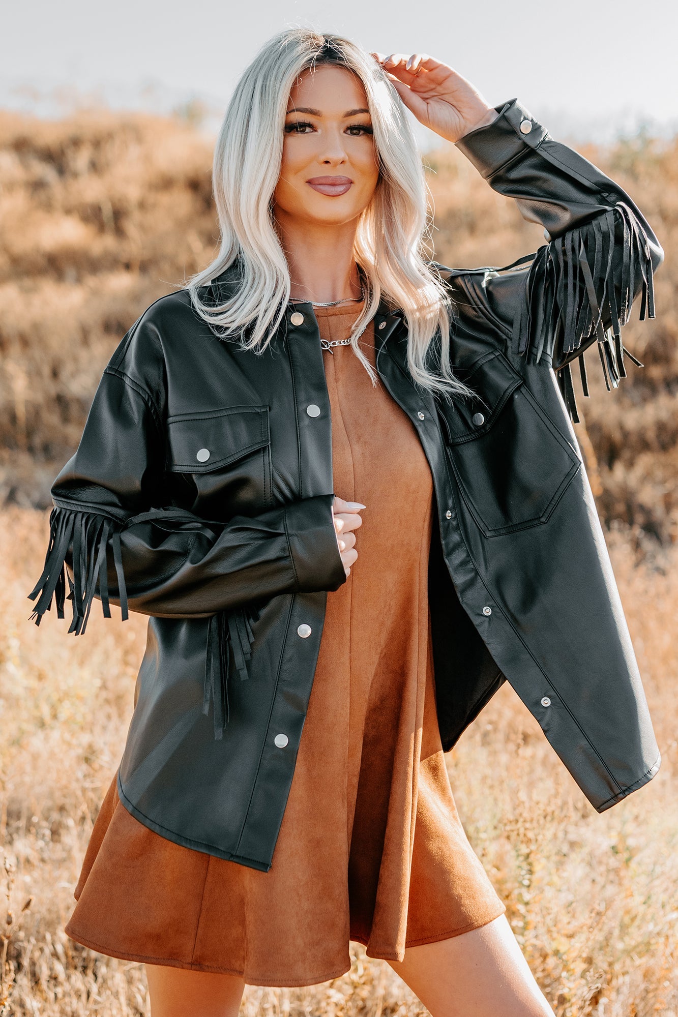 Creating Moments Faux Leather Fringe Jacket (Black)
