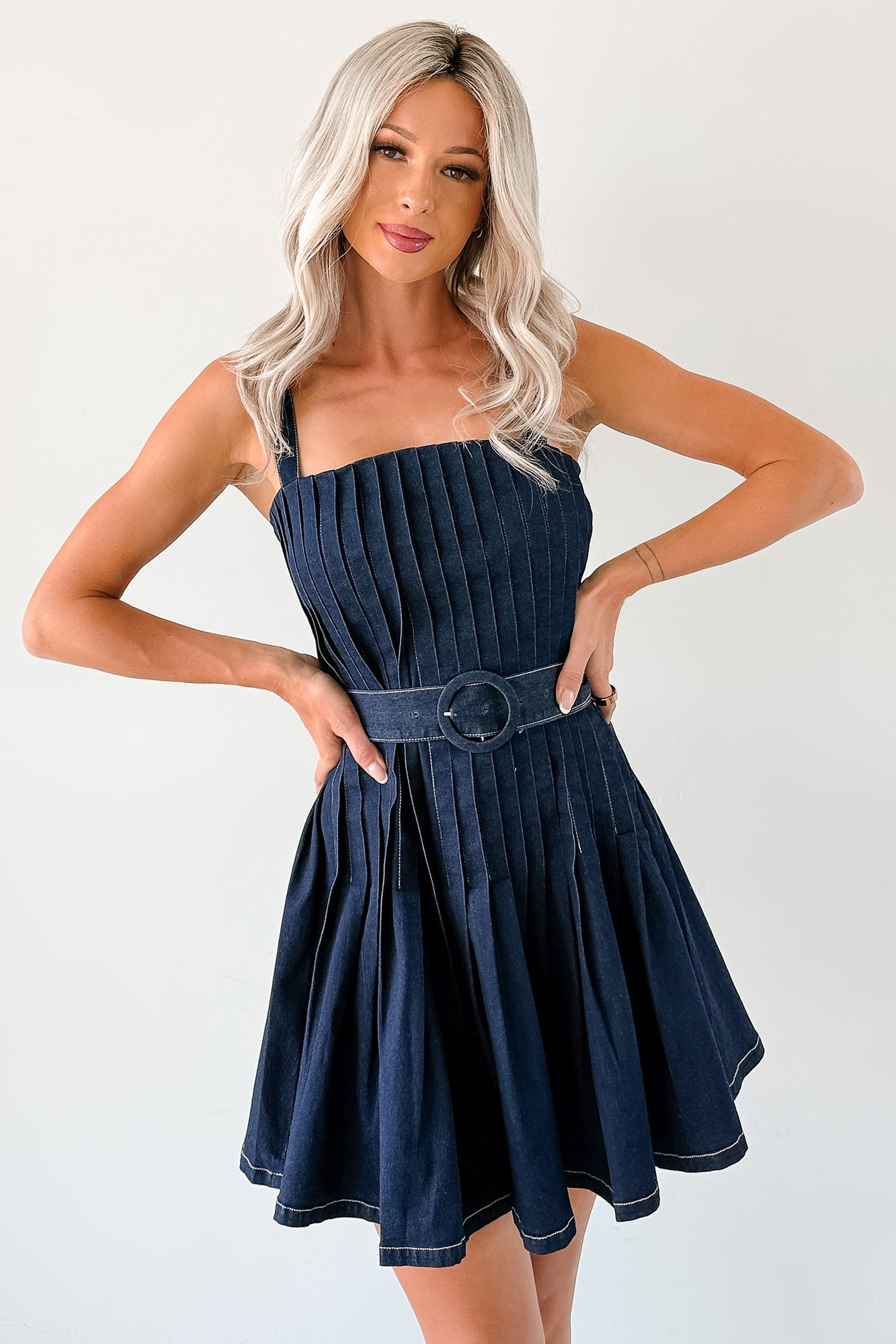 Hustle In Heels Pleated Sleeveless Mini Dress (Denim)