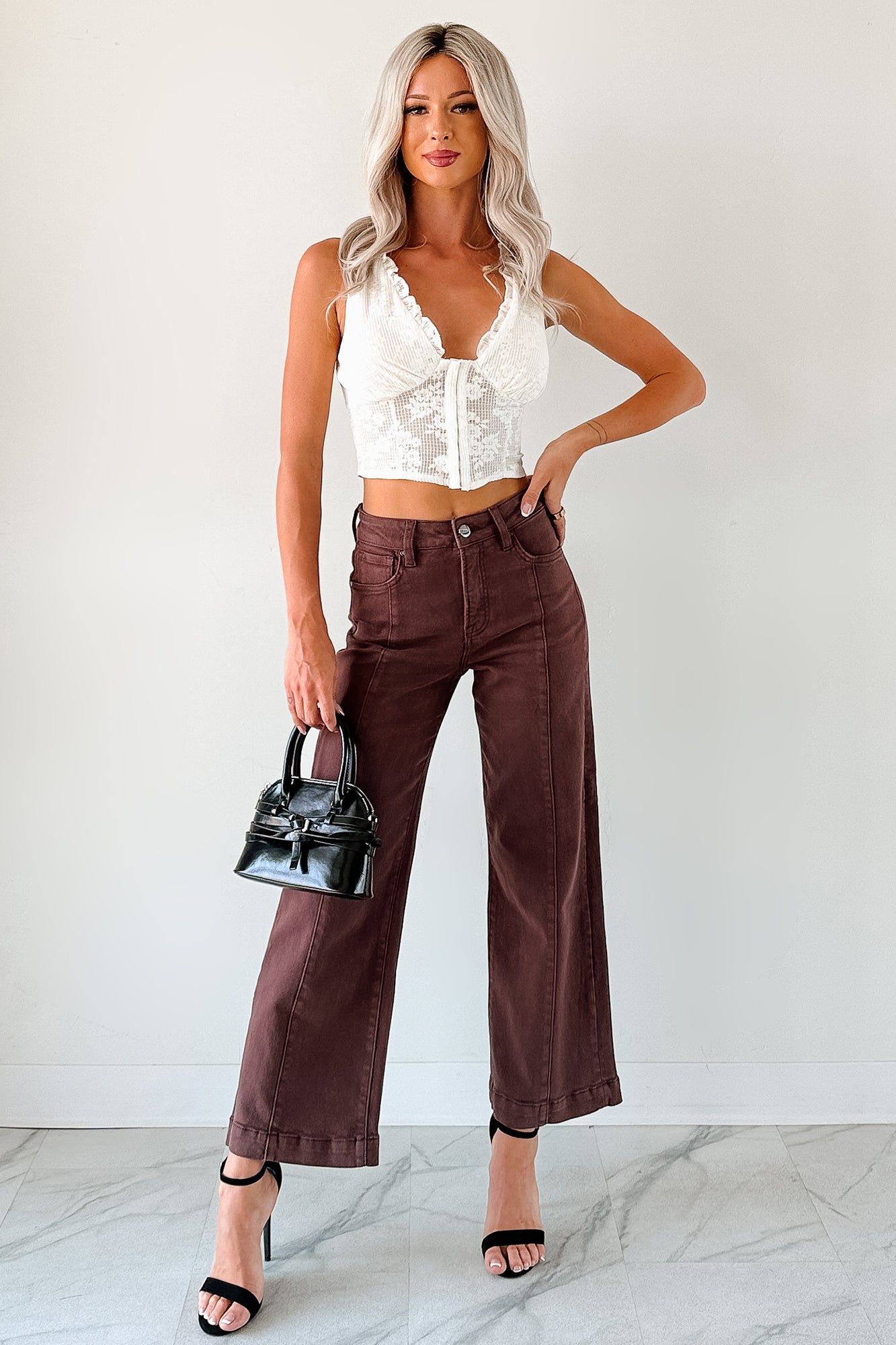 Maizie Tummy Control Wide Leg Cropped Risen Jeans (Choco Brown)