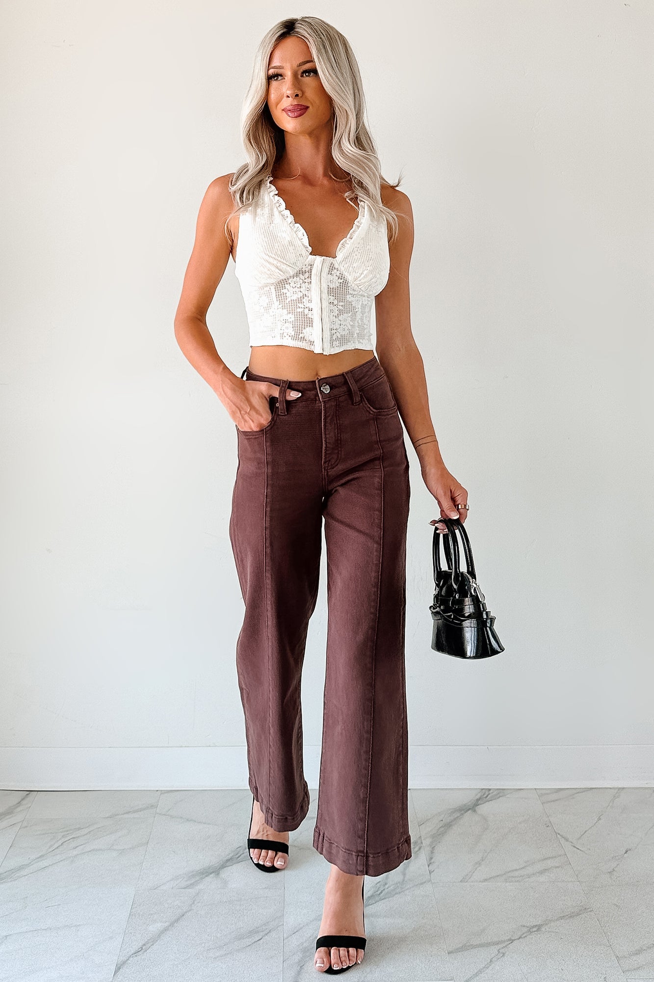 Maizie Tummy Control Wide Leg Cropped Risen Jeans (Choco Brown)