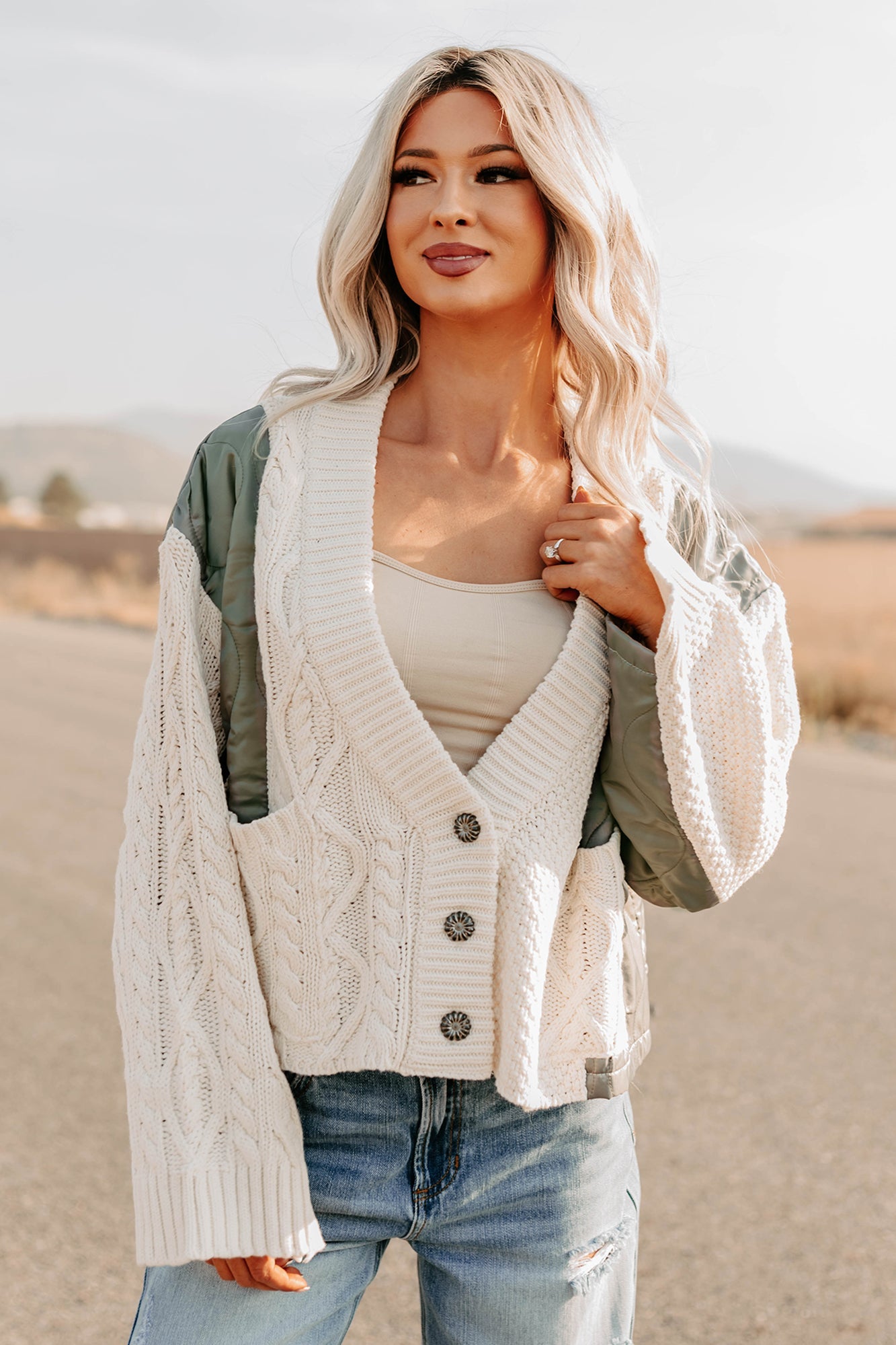 Latte Layers Quilted Cable Knit POL Cardigan (Natural/Olive)