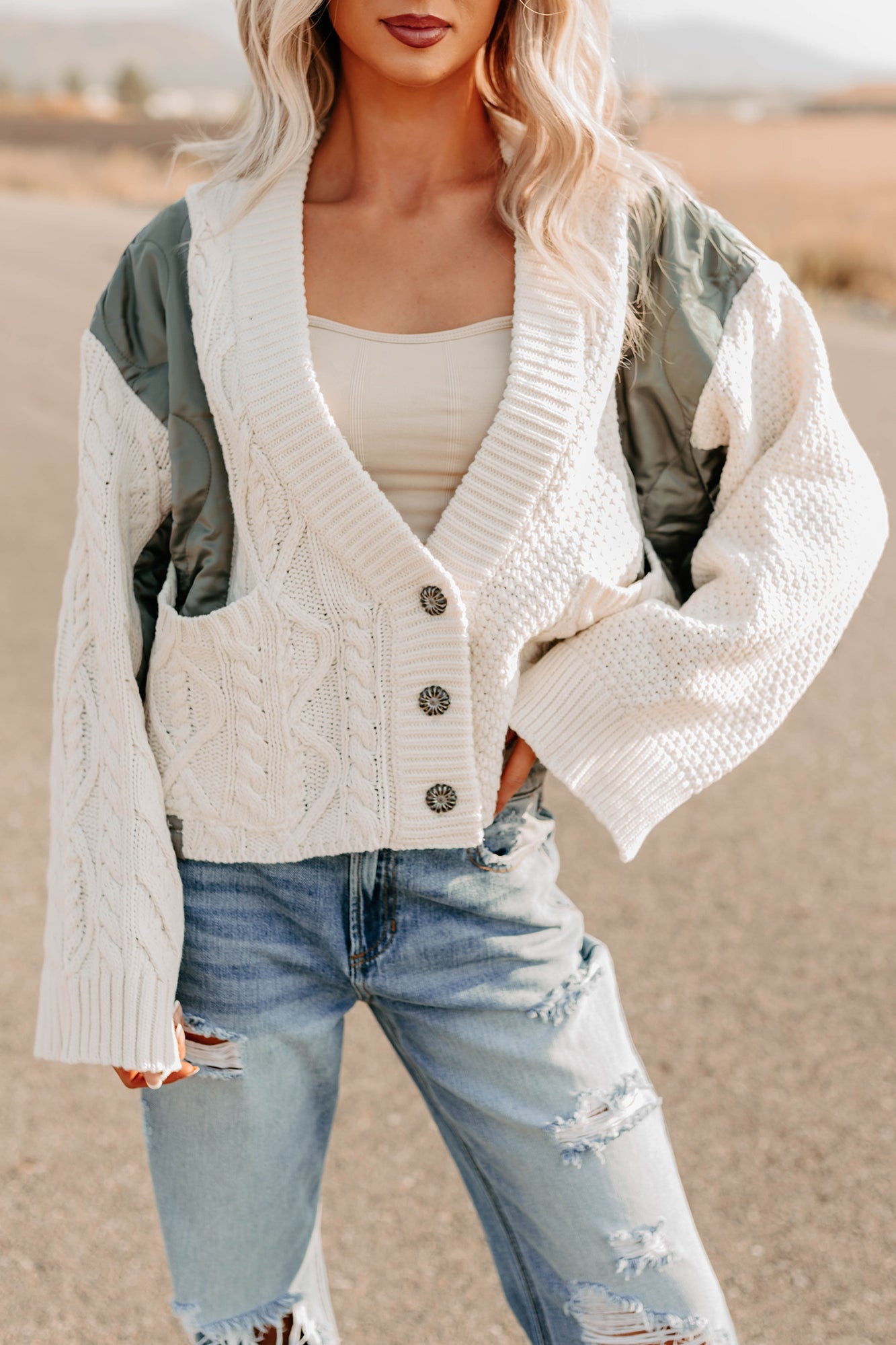 Latte Layers Quilted Cable Knit POL Cardigan (Natural/Olive)