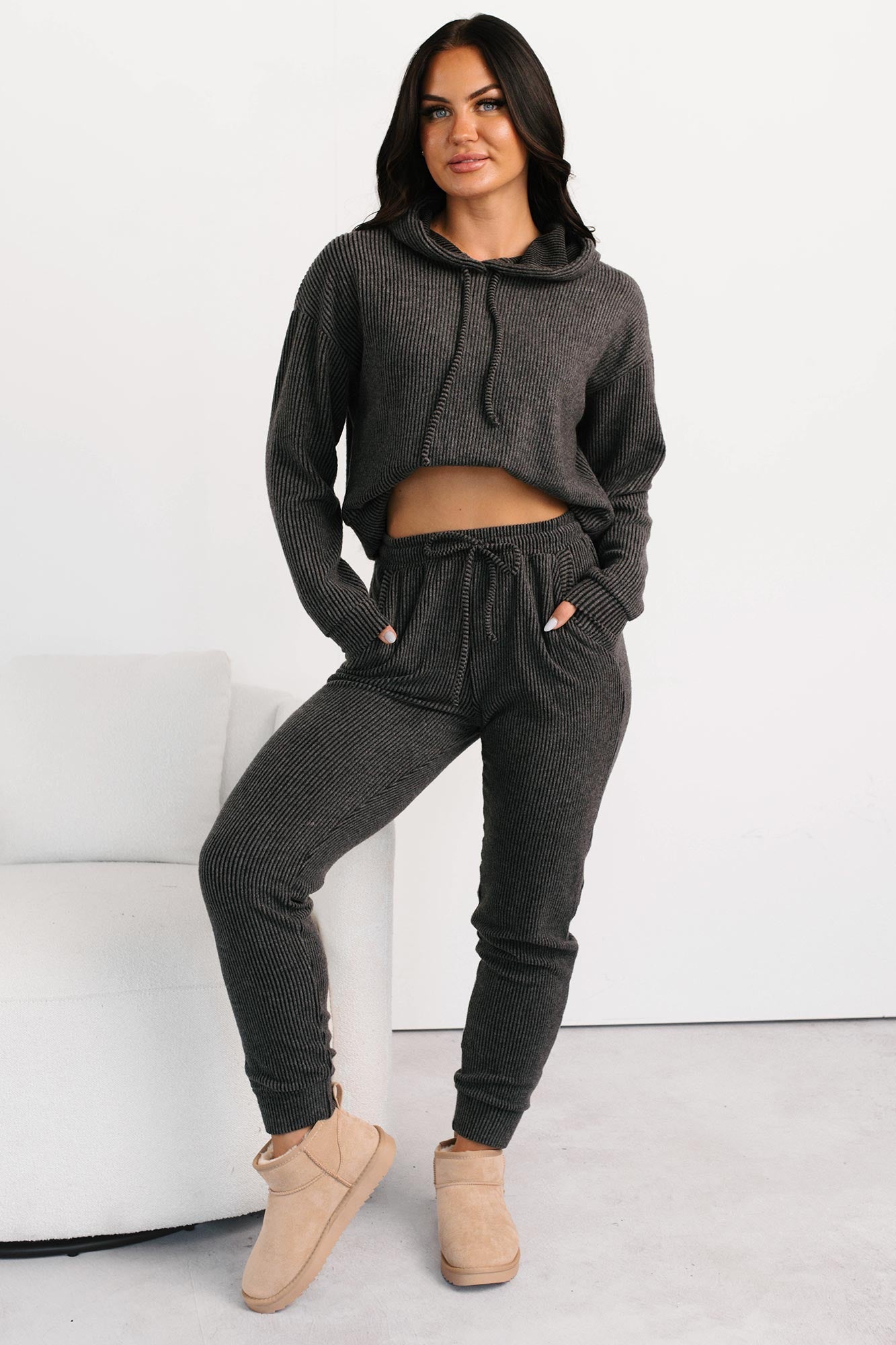 Now Feels Right Brushed Rib Hoodie (Charcoal)