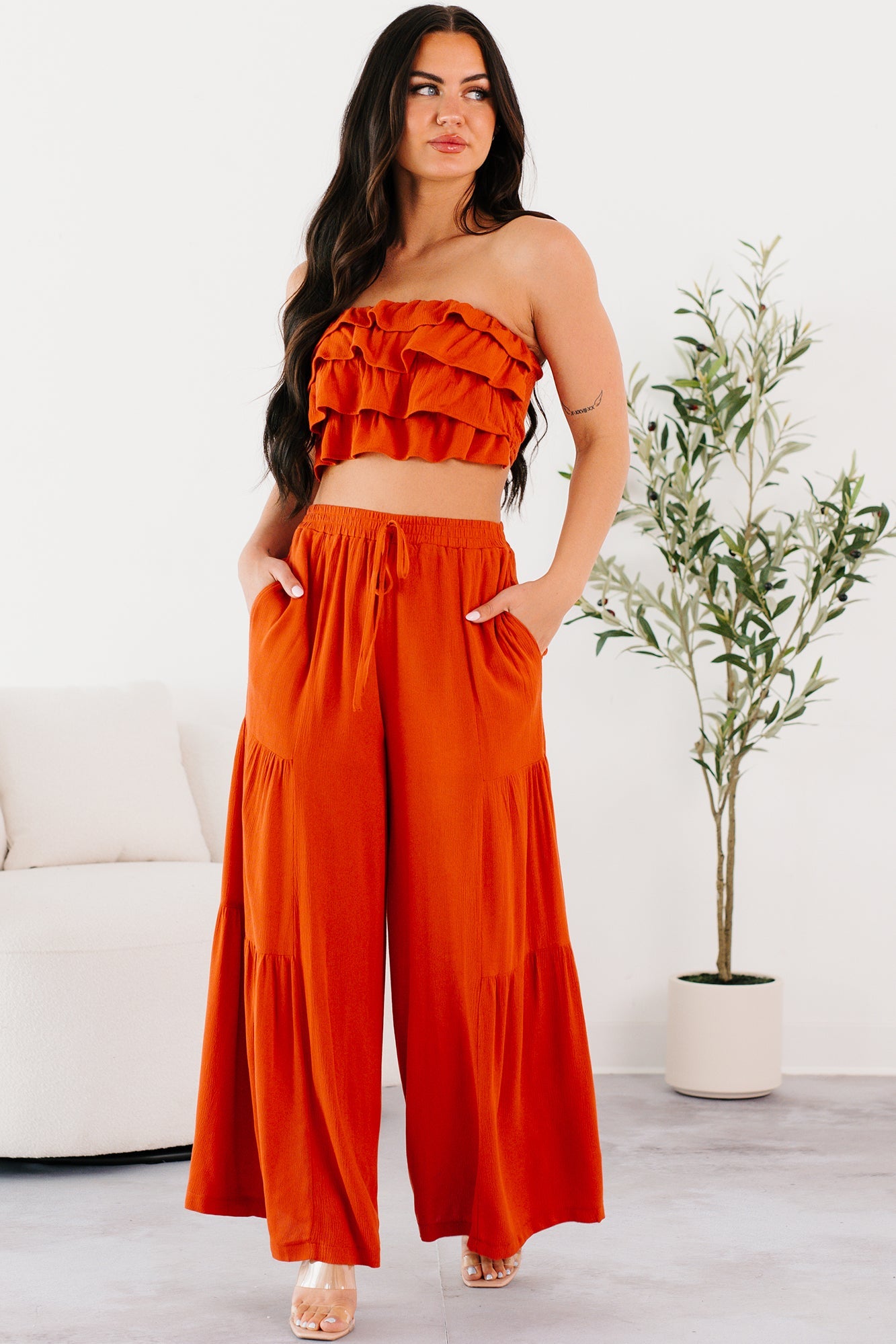 Vivid Blooms Ruffled Tube Top & Pant Set (Rust)