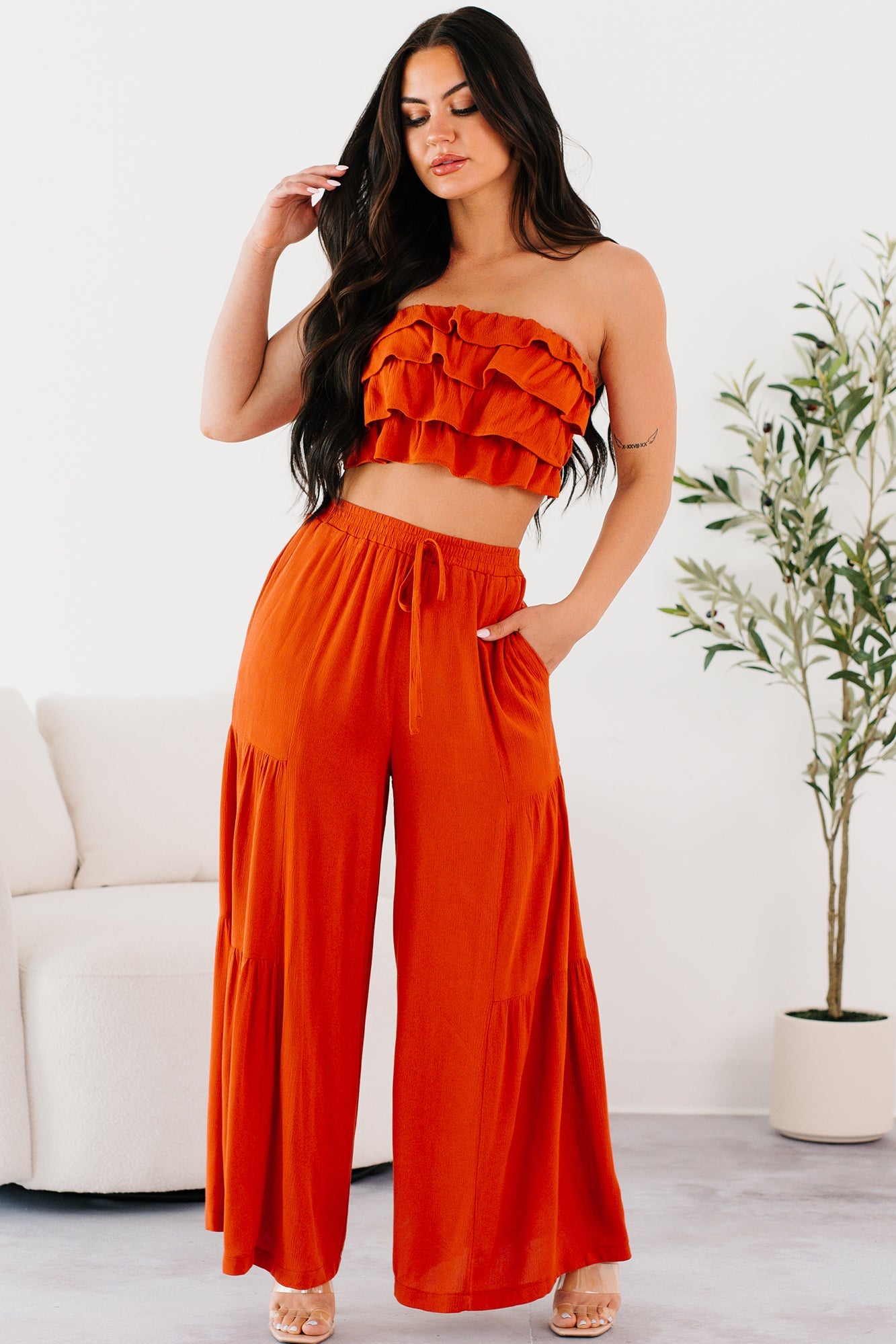 Vivid Blooms Ruffled Tube Top & Pant Set (Rust)