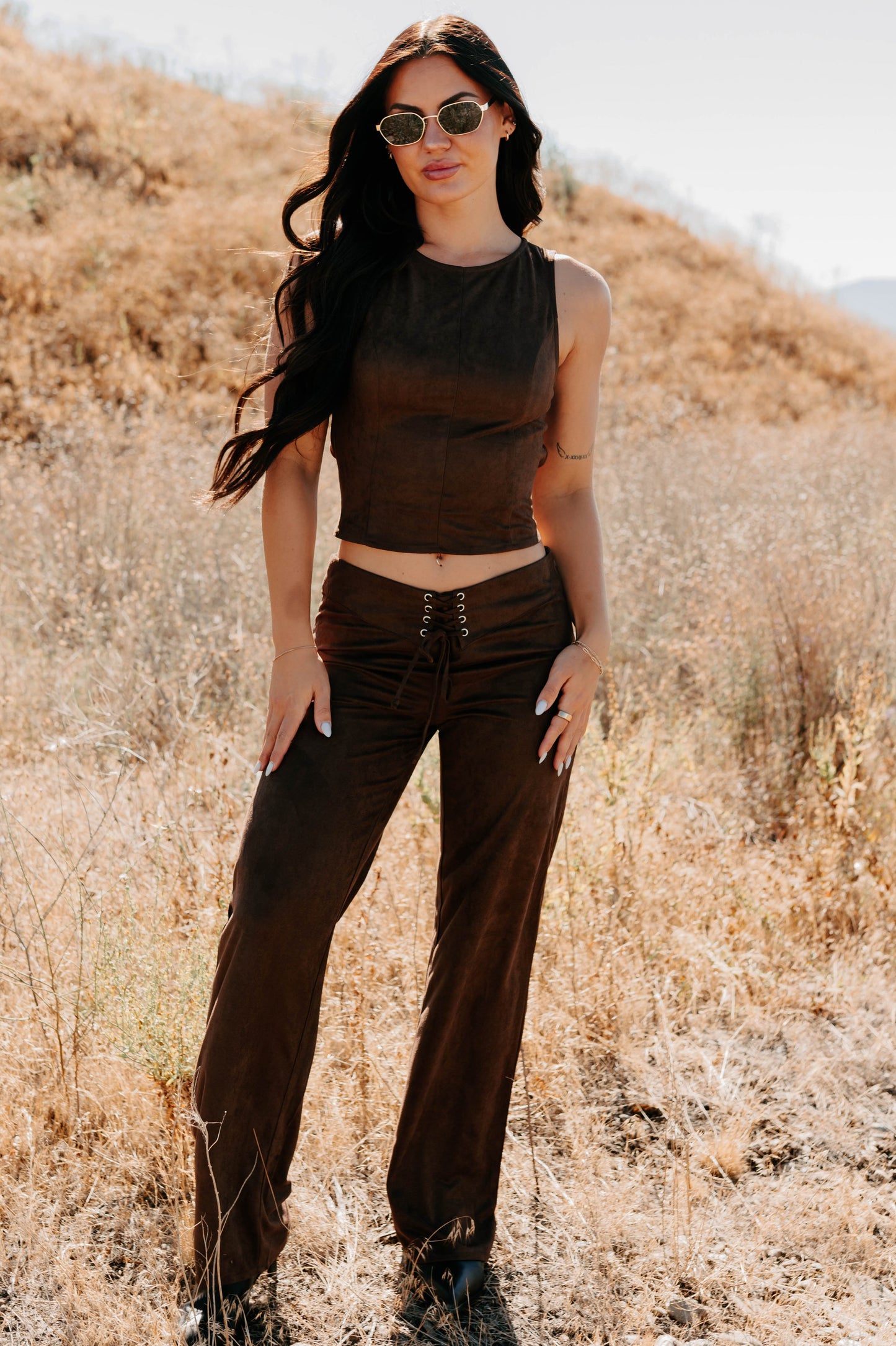 Unmatched Charm Lace-Up Suede Pants (Brown)