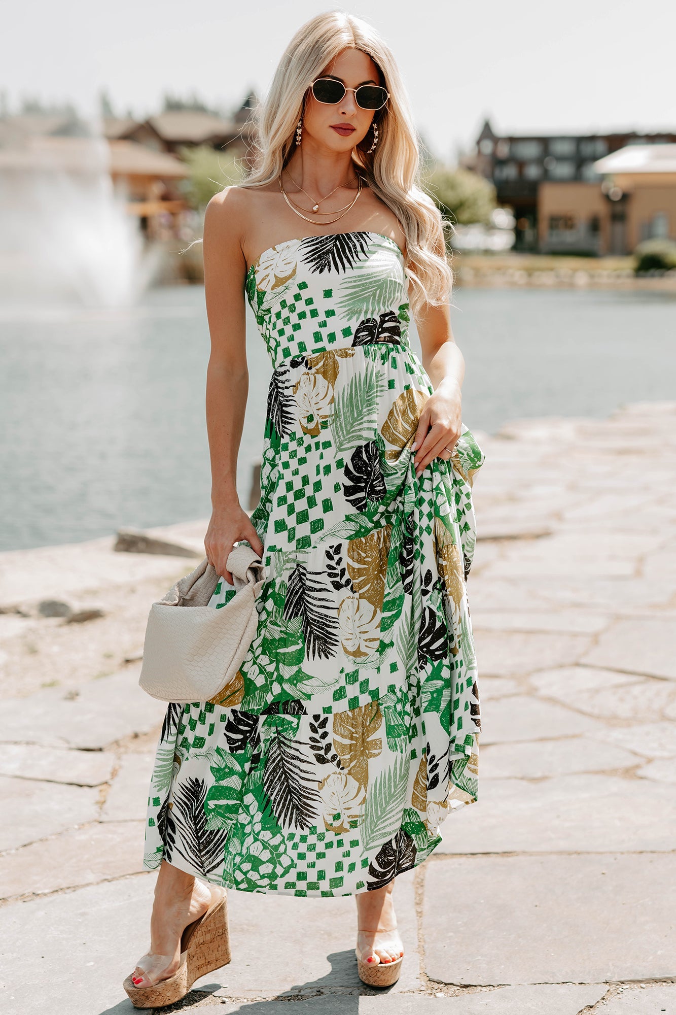 Feel It First Strapless Leaf Print Maxi Dress (Ivory/Green)