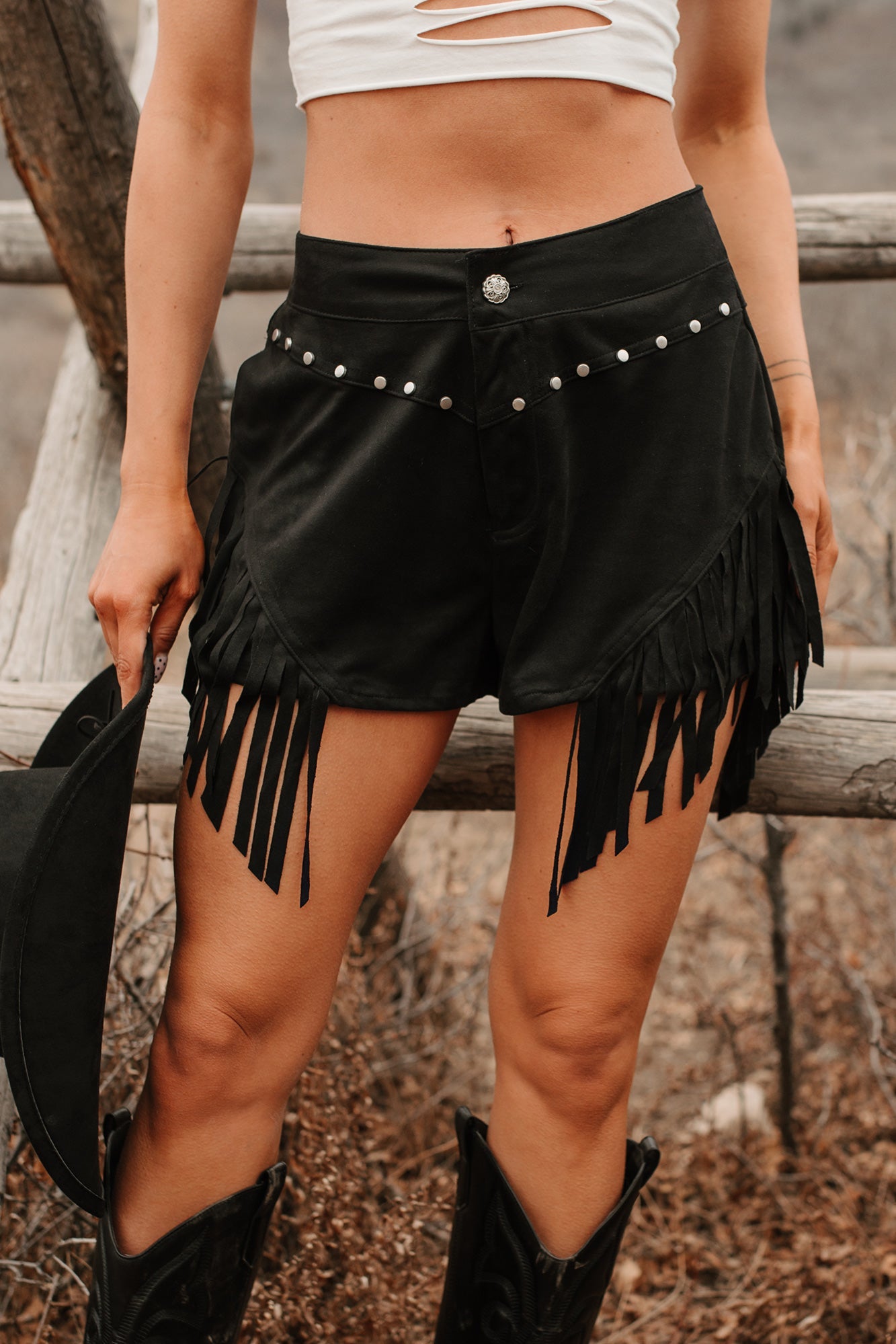 Hats Off Here High Rise Suede Fringe Shorts (Black)