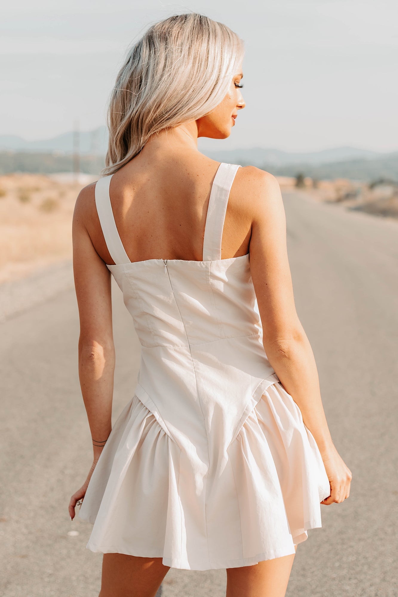 One More Night Sleeveless Faux Button Mini Dress (Beige)