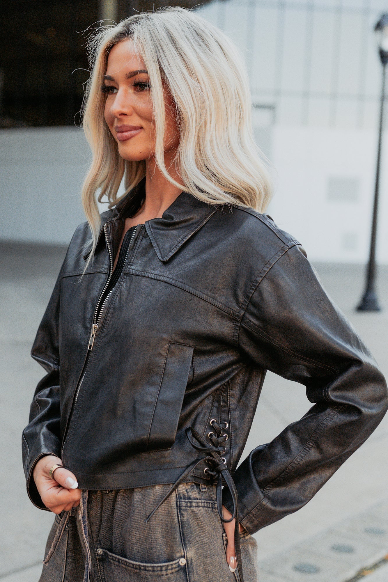 Never Tired Faux Leather Lace Side Jacket (Dark Coffee)